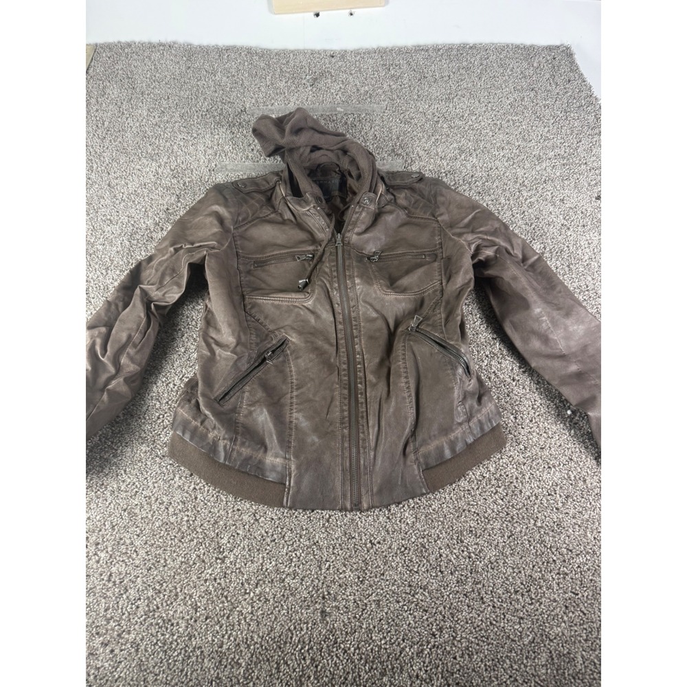 Bernardo Womens Brown Faux Leather Hooded Moto Jacket Large Quilted Bomber Zip